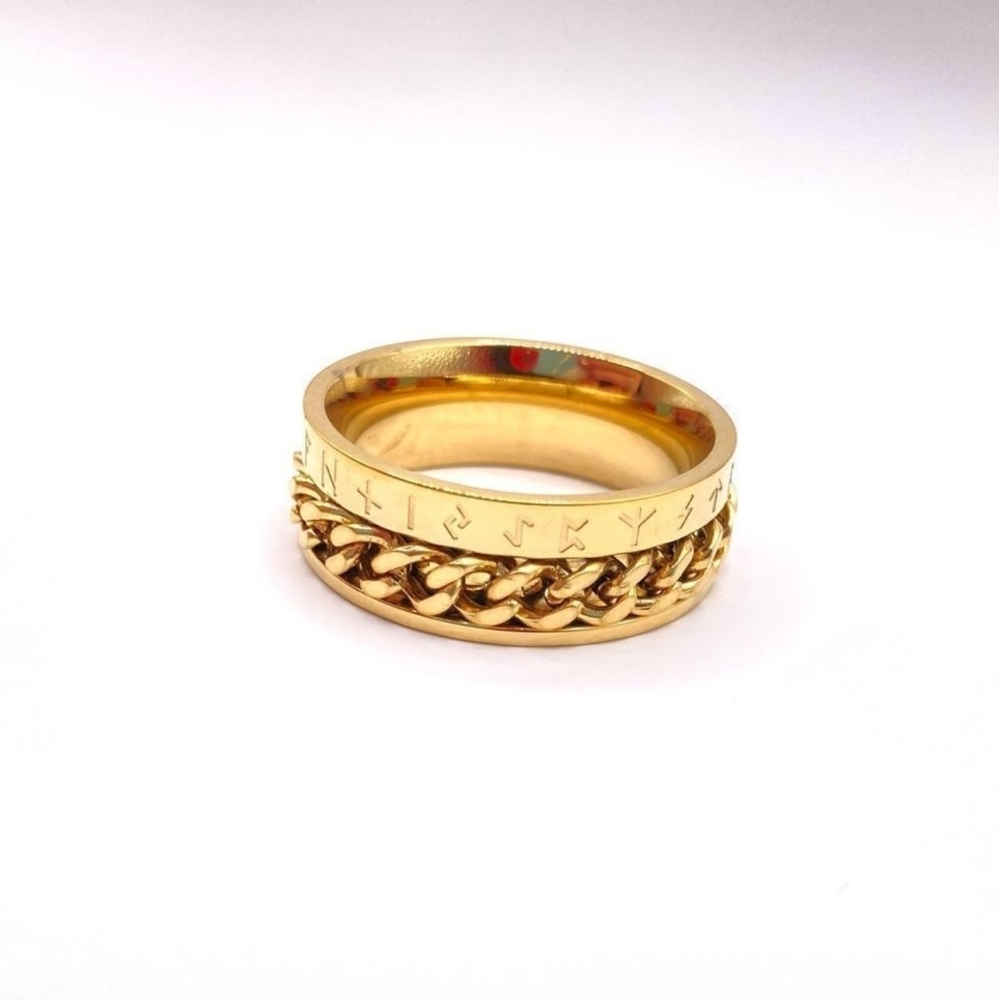 New Unisex Gold Nordic Viking Text Chain Ring size 9